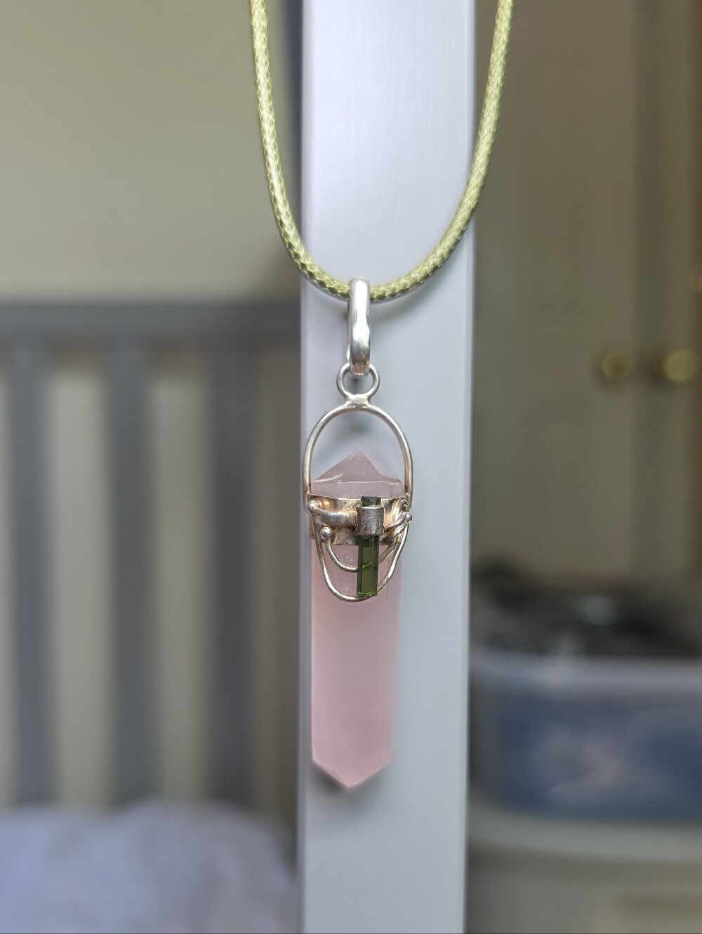 Rose Quartz Point Pendant Necklace With Green Accent Crystal Marked 925